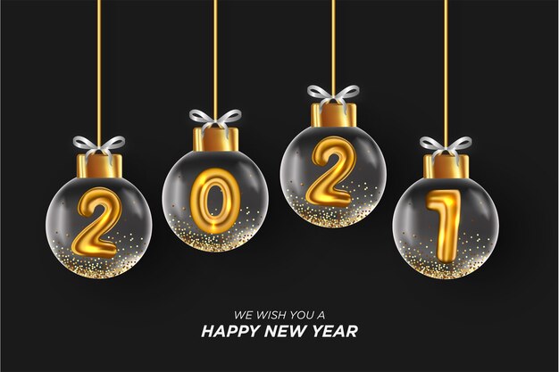 Tarjeta de feliz año nuevo 2021 con bola de Navidad realista fondo negro