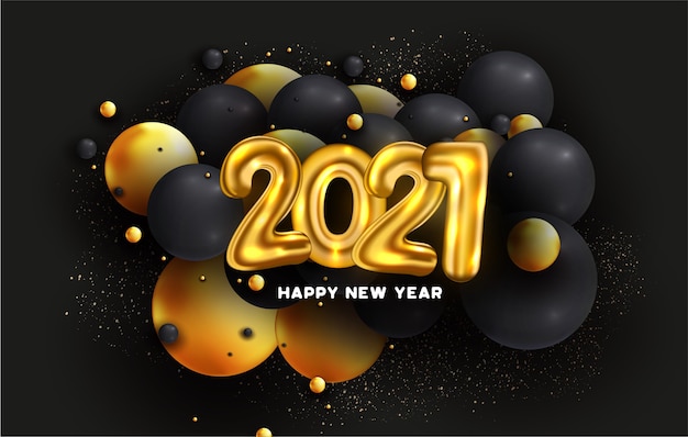 Tarjeta de feliz año nuevo 2021 con número de globos y esferas abstractas 3d