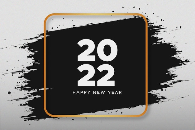Tarjeta de feliz año nuevo 2022 con fondo de trazo de pincel y marco dorado