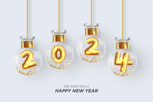 Tarjeta de feliz año nuevo 2024 con elementos navideños en 3D y números de globos dorados