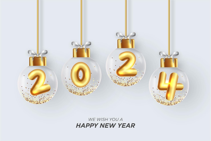 Vector gratuito tarjeta de feliz año nuevo 2024 con elementos navideños en 3d y números de globos dorados