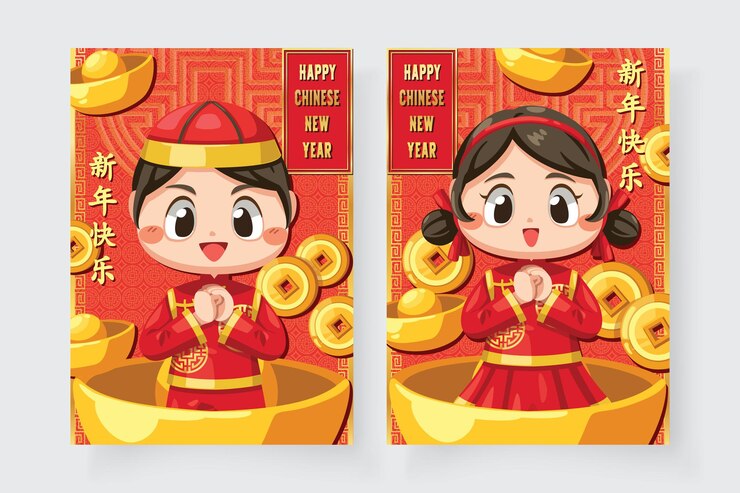 Vector gratuito tarjeta de feliz año nuevo chino con un niño con camiseta y ah muay.