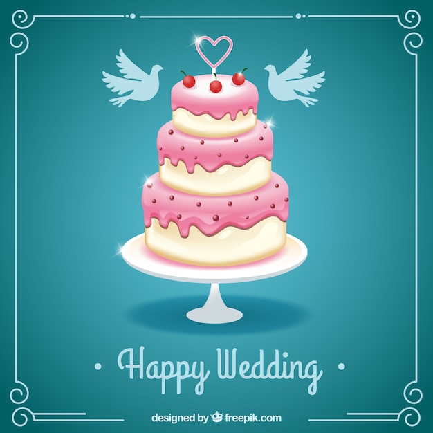 Vector gratuito tarjeta de feliz boda con un pastel