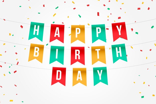 Tarjeta de feliz cumpleaños bandera con confeti cayendo