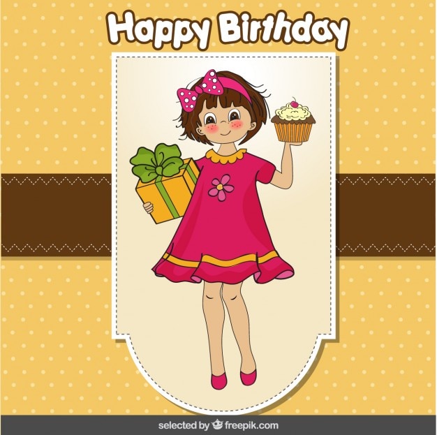 Vector gratuito tarjeta del feliz cumpleaños con una chica llevando una magdalena y un regalo