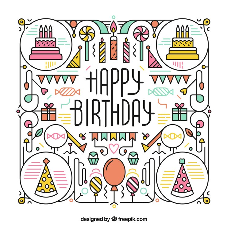 Vector gratuito tarjeta de feliz cumpleaños con elementos en estilo lineal