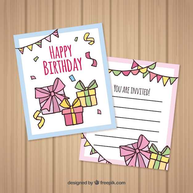 Vector gratuito tarjeta de feliz cumpleaños con regalos en estilo hecho a mano