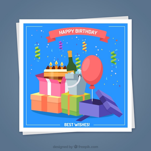 Vector gratuito tarjeta de feliz cumpleaños con regalos en estilo plano