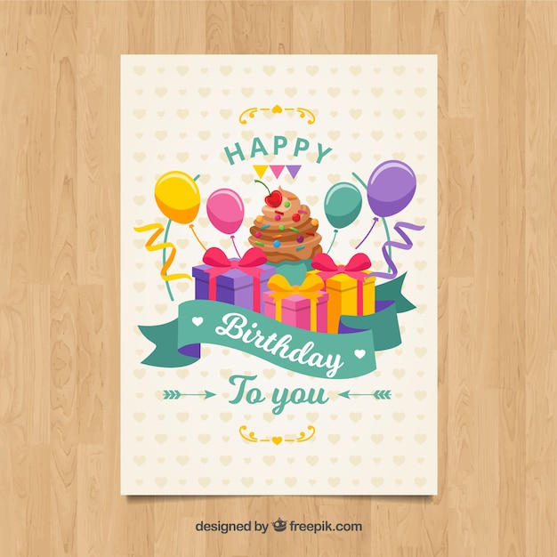 Tarjeta de feliz cumpleaños con regalos y globos en estilo plano