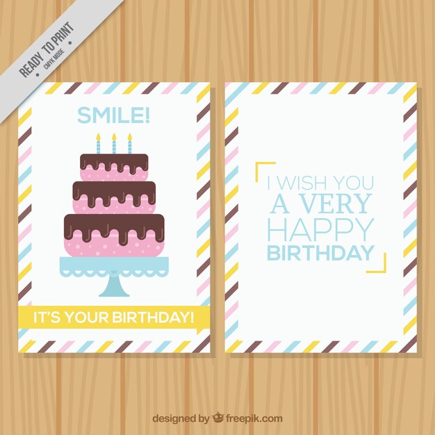Tarjeta de feliz cumpleaños con tarta en diseño plano