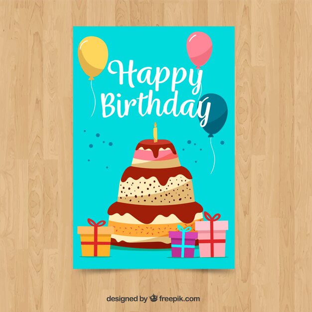 Tarjeta de feliz cumpleaños con tarta en estilo hecho a mano