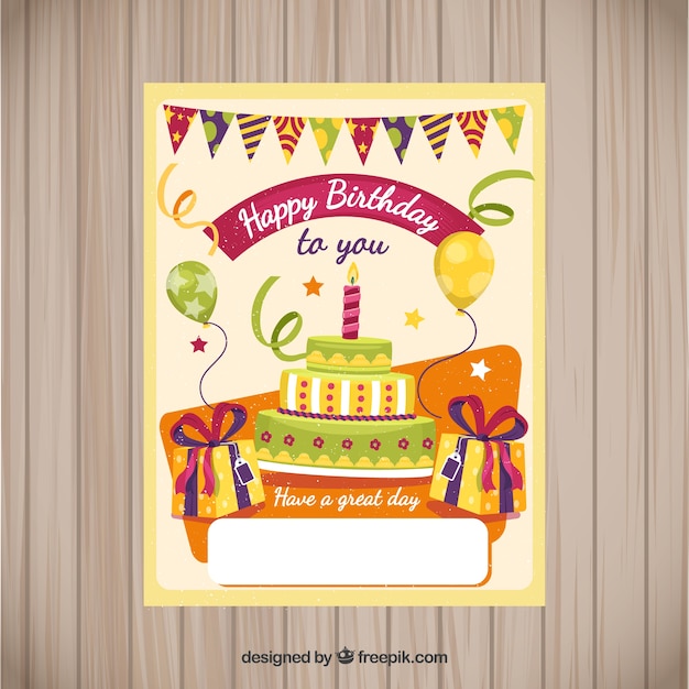 Tarjeta de feliz cumpleaños con tarta en estilo plano