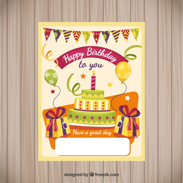 Tarjeta de feliz cumpleaños con tarta en estilo plano