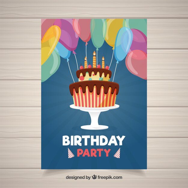 Tarjeta de feliz cumpleaños con tarta en estilo plano