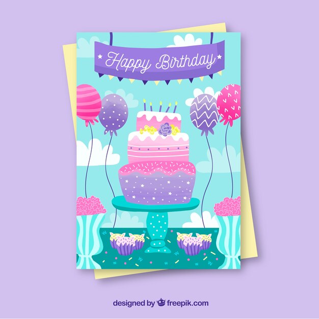 Tarjeta de feliz cumpleaños con tarta en estilo plano