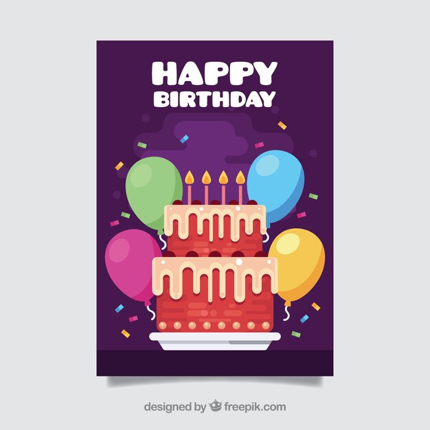 Tarjeta de feliz cumpleaños con tarta en estilo plano