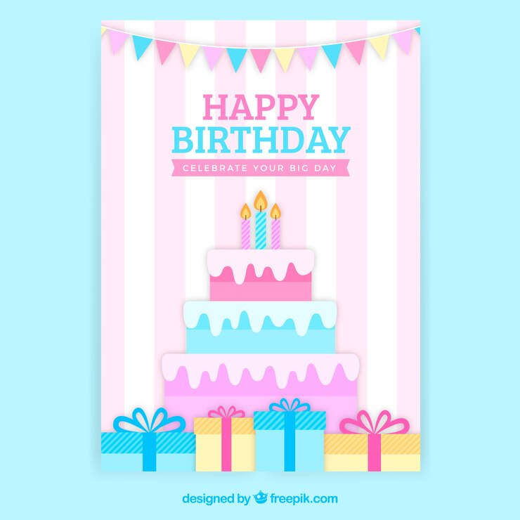 Vector gratuito tarjeta de feliz cumpleaños con tarta y regalos en estilo plano