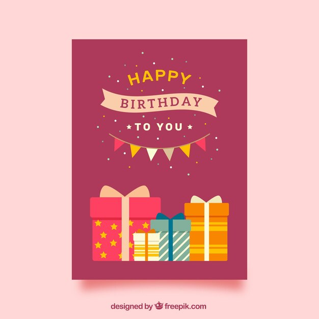 Tarjeta de feliz cumpleaños con tarta y regalos en estilo plano