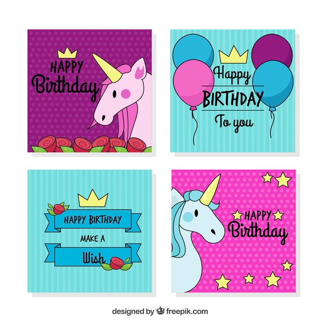 Tarjeta de feliz cumpleaños con unicornios dibujados a mano 