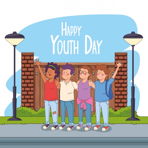 Vector gratuito tarjeta feliz del día de la juventud con dibujos animados de adolescentes