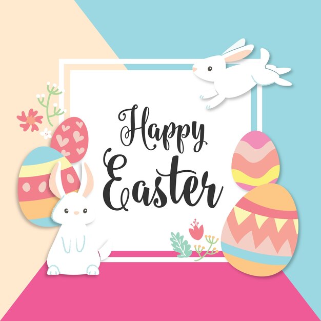 Tarjeta feliz día de pascua con conejito lindo y huevos