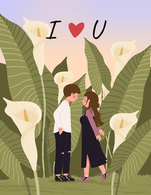 Vector gratuito tarjeta de feliz día de san valentín con linda pareja en la ilustración de campo de lirio de cala