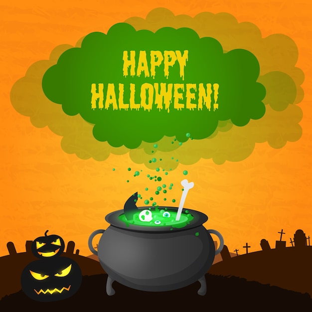 Tarjeta de feliz Halloween festiva con calabazas de miedo inscripción y poción mágica hirviendo en olla de bruja