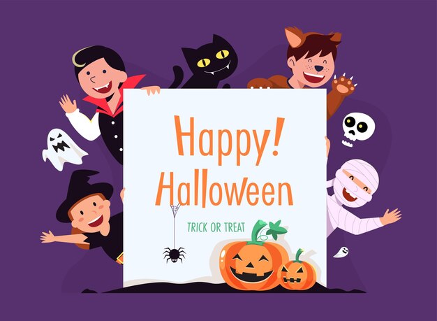Tarjeta de feliz Halloween (truco o trato) con personajes