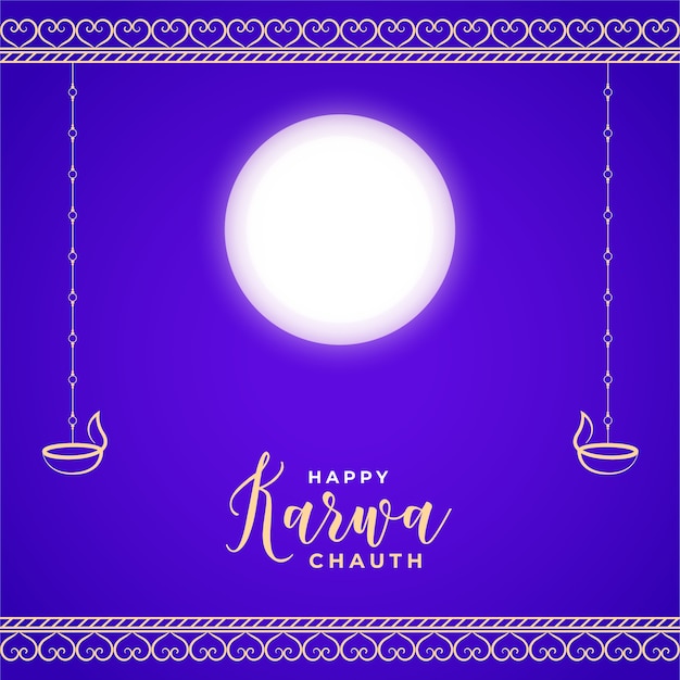Vector gratuito tarjeta feliz karwa chauth con festival tradicional de luna y diya