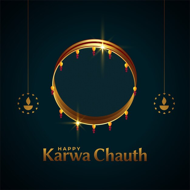 Tarjeta feliz karwa chauth con tamiz y diya