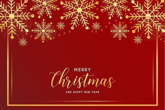Tarjeta de Feliz Navidad y Año Nuevo con Copos de Nieve y Plantilla de Marco Dorado