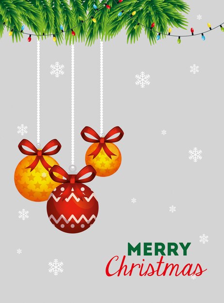 Tarjeta de feliz navidad con bolas decorativas colgantes