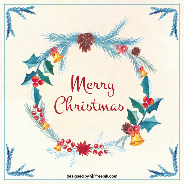 Tarjeta de feliz navidad con bonita corona floral de acuarela 