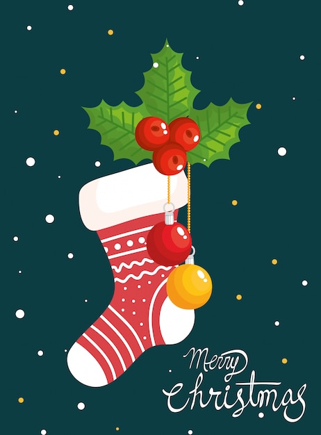 Vector gratuito tarjeta de feliz navidad con calcetín y decoración