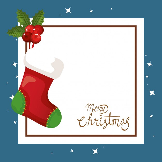 Tarjeta de feliz navidad con calcetín y marco cuadrado