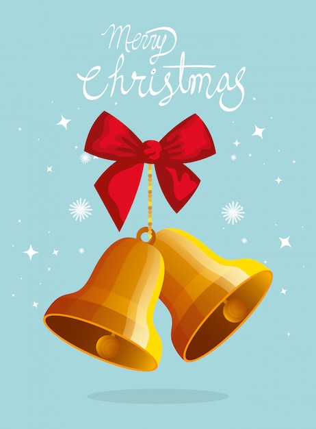 Tarjeta de feliz navidad con campanas y lazo de cinta