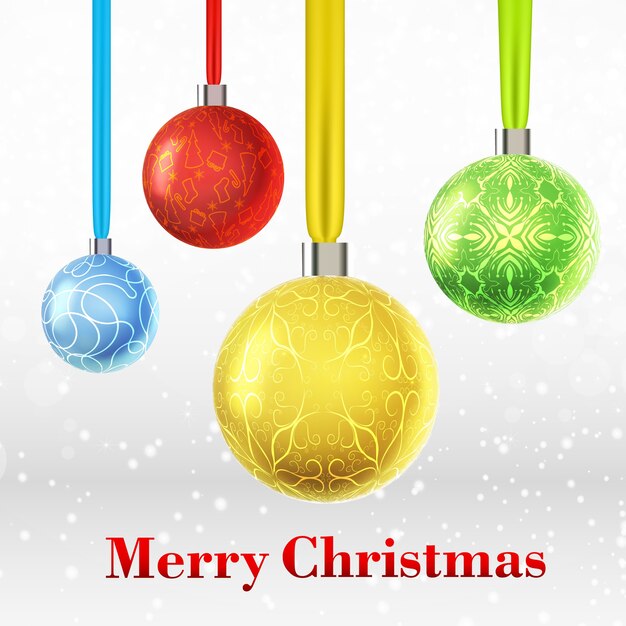 Tarjeta de feliz navidad con cuatro adornos coloridos adornados