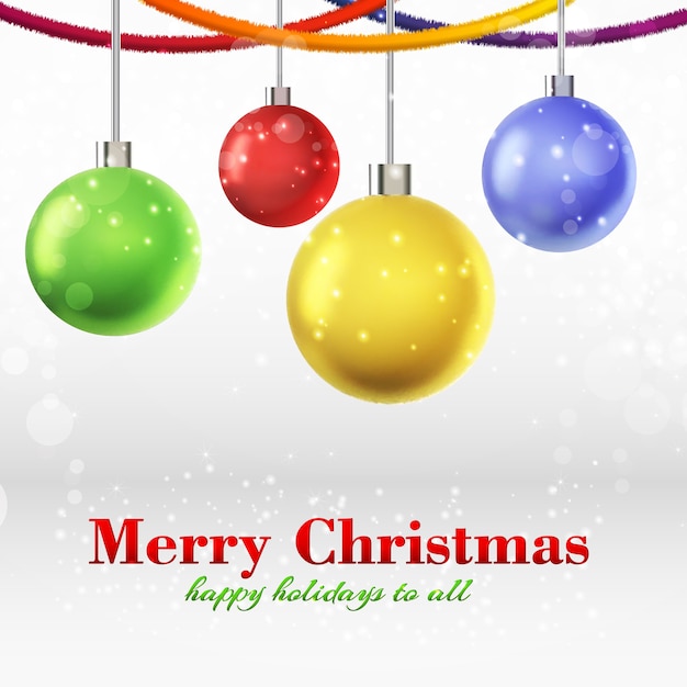 Tarjeta de feliz navidad con cuatro bolas ornamentadas brillantes colgando de cintas