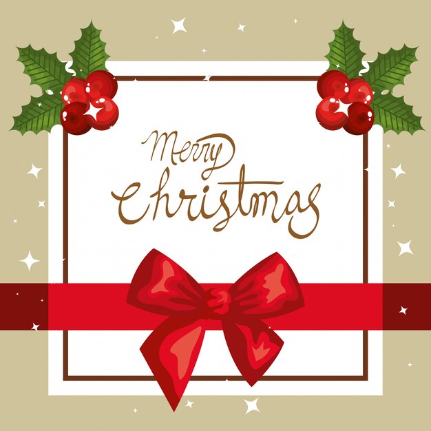 Tarjeta de feliz navidad con lazo de cinta y marco cuadrado
