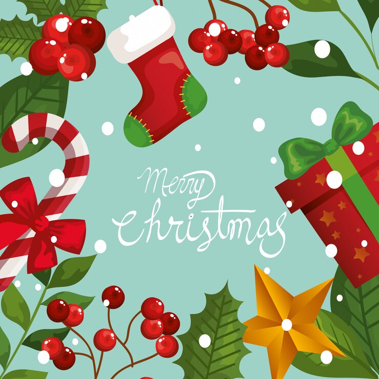 Vector gratuito tarjeta de feliz navidad con marco de hojas y decoración