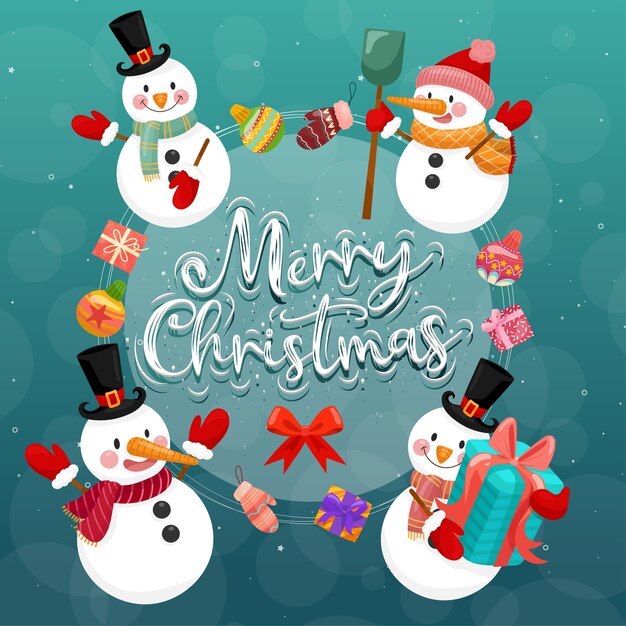 Tarjeta de feliz navidad con muñeco de nieve.
