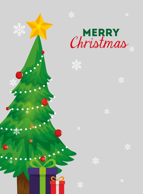 Tarjeta de feliz navidad con pino y cajas de regalo