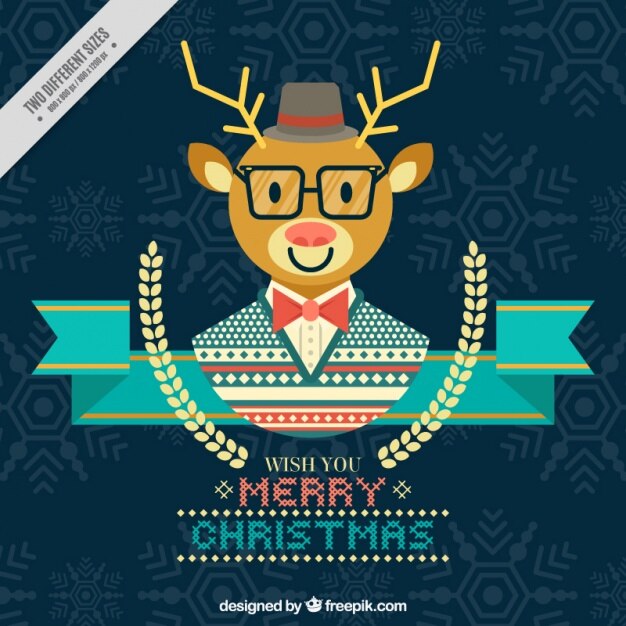 Vector gratuito tarjeta de feliz navidad con reno hipster en diseño plano 