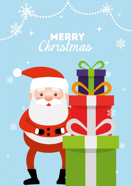 Tarjeta de feliz navidad con santa claus y cajas de regalo