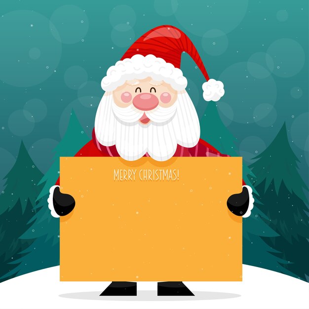 Tarjeta de feliz navidad con santa claus sosteniendo un cartel y de pie sobre la nieve con pino