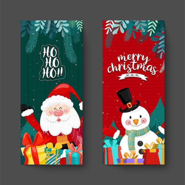 Vector gratuito tarjeta de feliz navidad con santa, muñeco de nieve y caja de regalo.