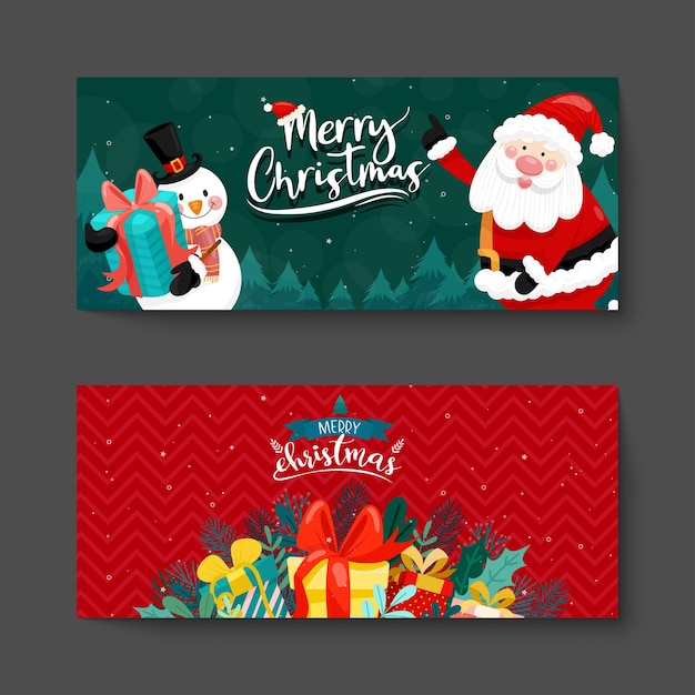 Tarjeta de feliz Navidad con santa, muñeco de nieve y caja de regalo.