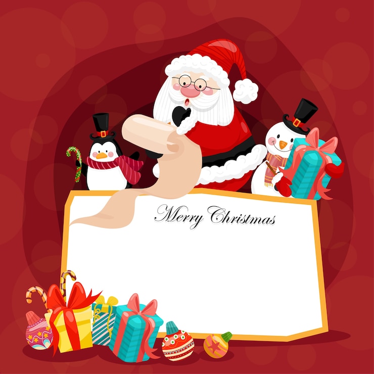 Vector gratuito tarjeta de feliz navidad con santa, muñeco de nieve, pingüino y caja de regalo.