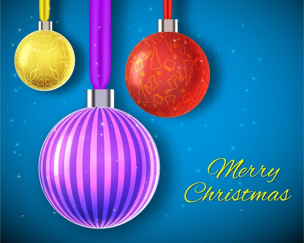 Tarjeta de feliz navidad con tres adornos coloridos adornados colgando de cintas