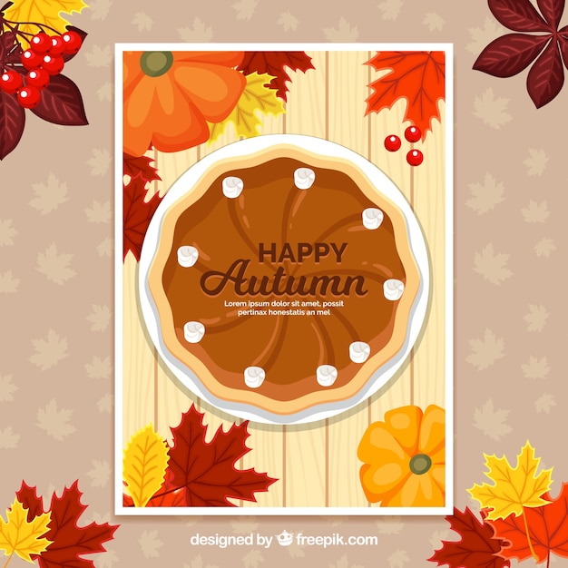 Vector gratuito tarjeta de feliz otoño con tarta de calabaza